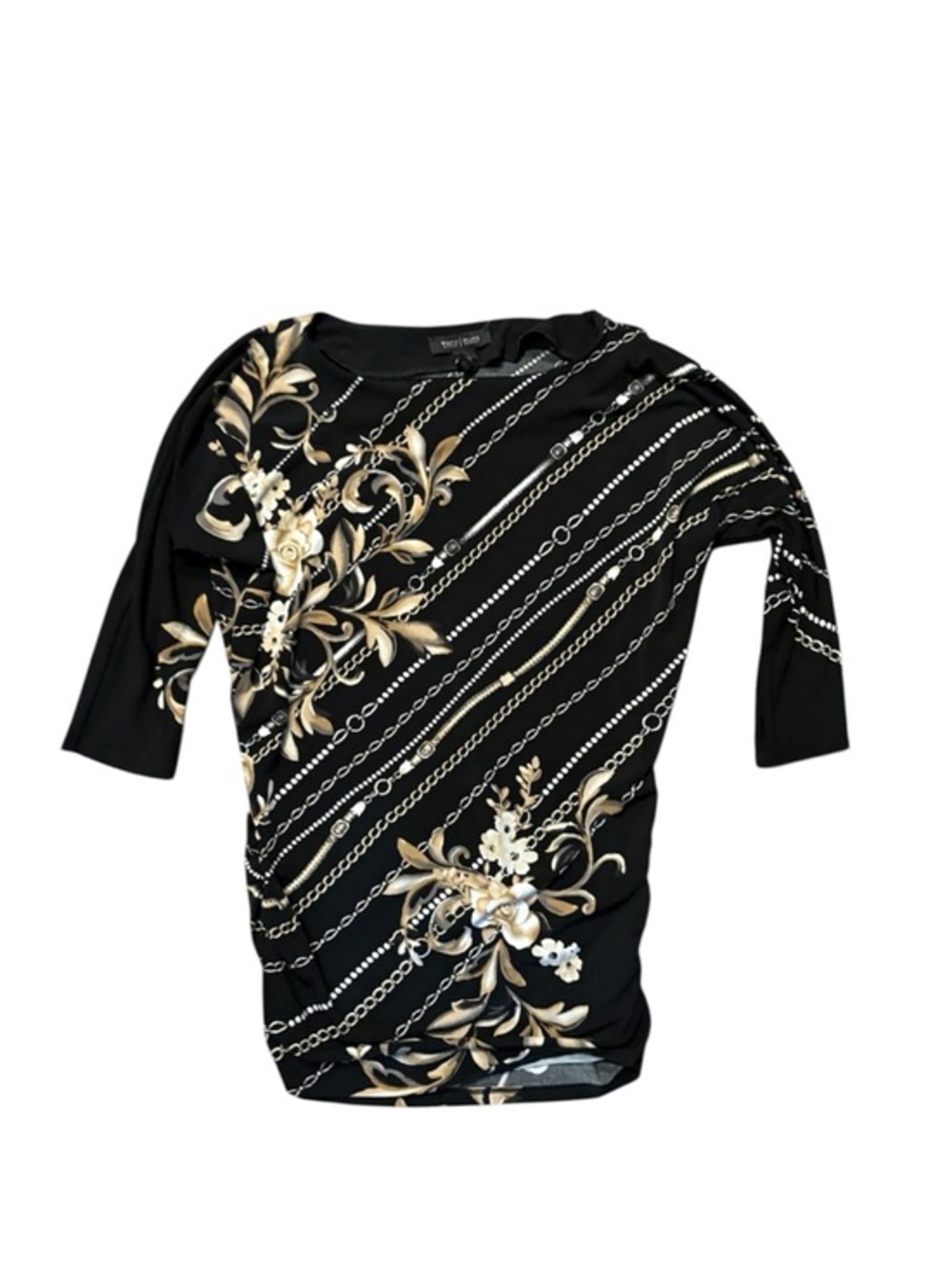 White House black market Black Tunic top with Gold Floral & Chain Print